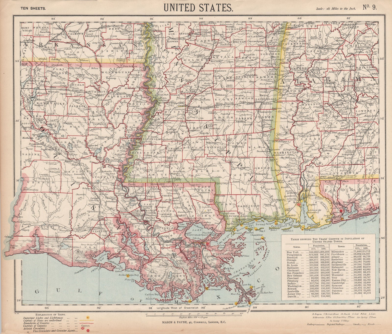 US GULF COAST Louisiana Mississippi Alabama Railroads Lighthouses LETTS 1889 map